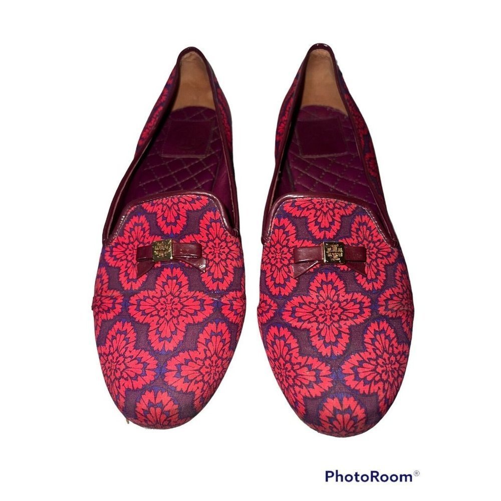 TORY Burch Mules Slip On Loafers Canvas Pink Purple Leather Trim Bow 7.5